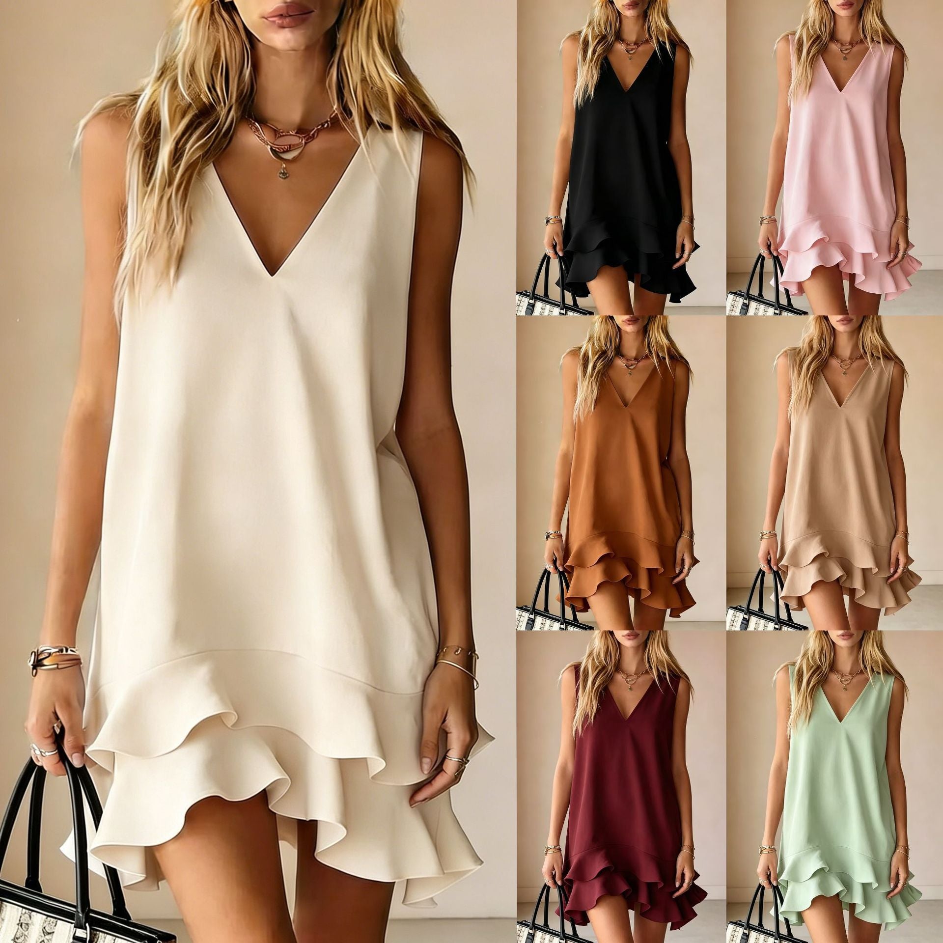 V-Neck Ruffle Hem Mini Dress
